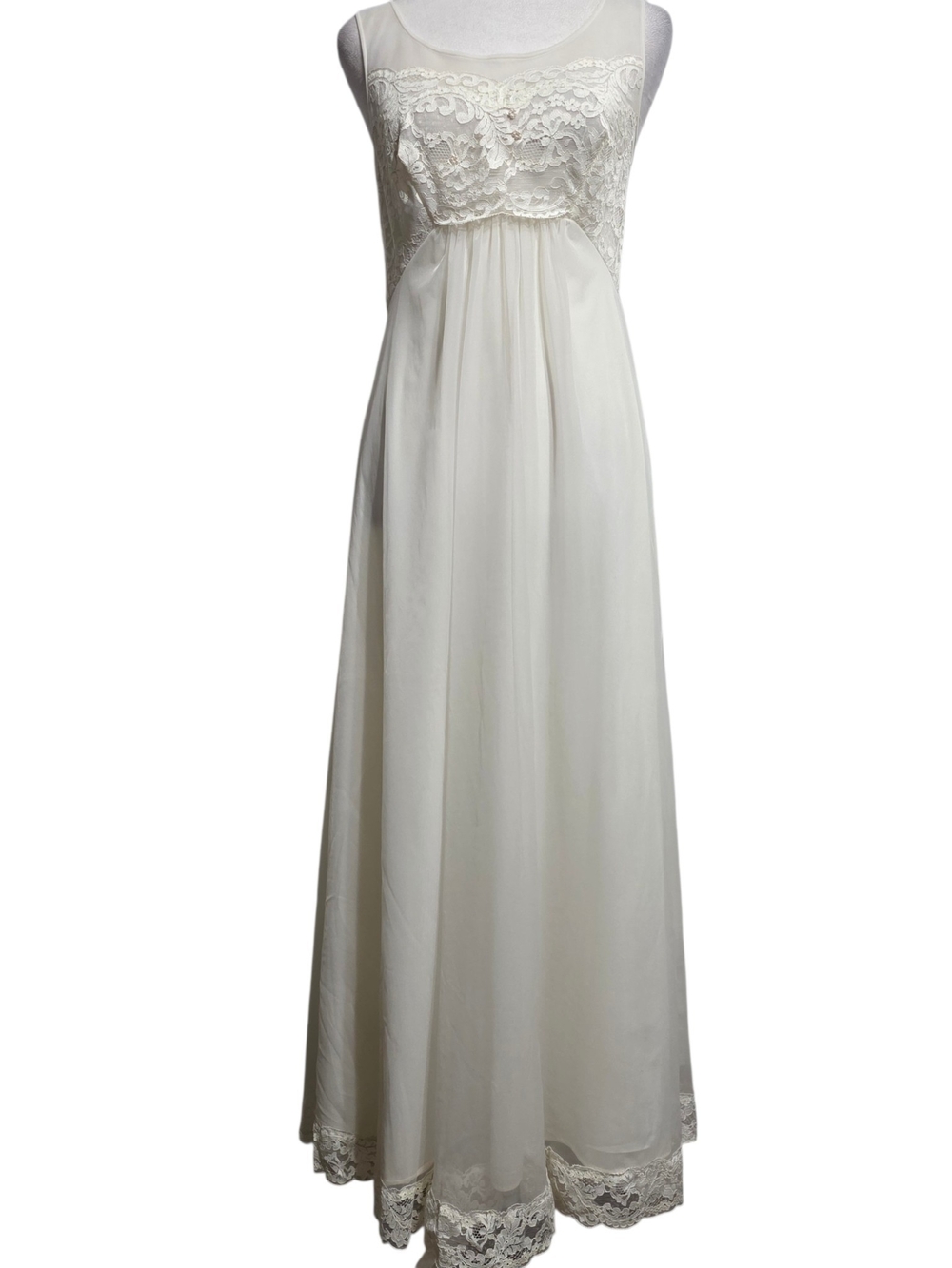 Shadowline Petites Vtg White Lace Nightgown Maxi Dress Bridal Lingerie Sz S